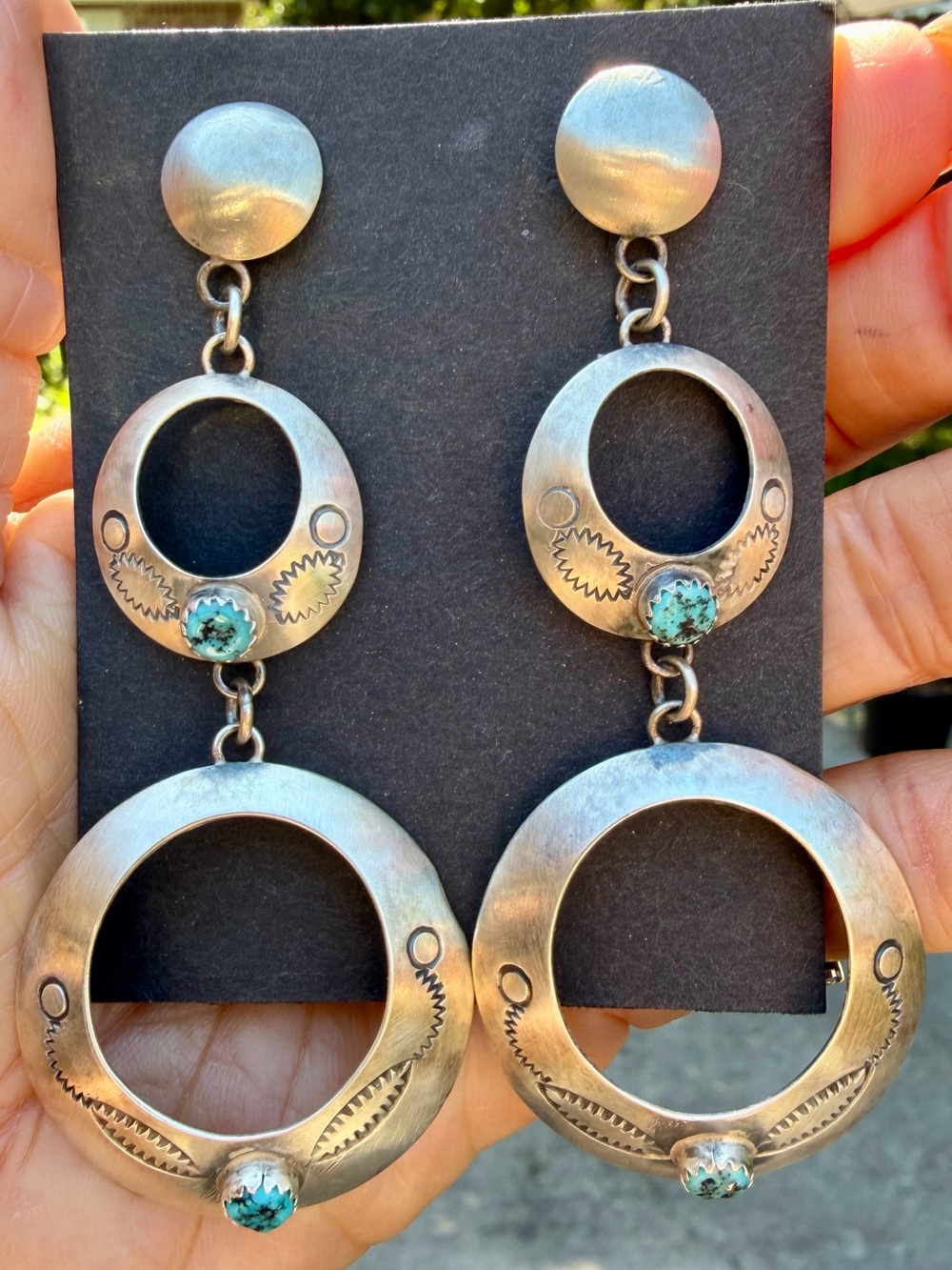 Sterling Silver Turquoise Drop Hoop Earrings, Artis Stamped -  L Yazzie